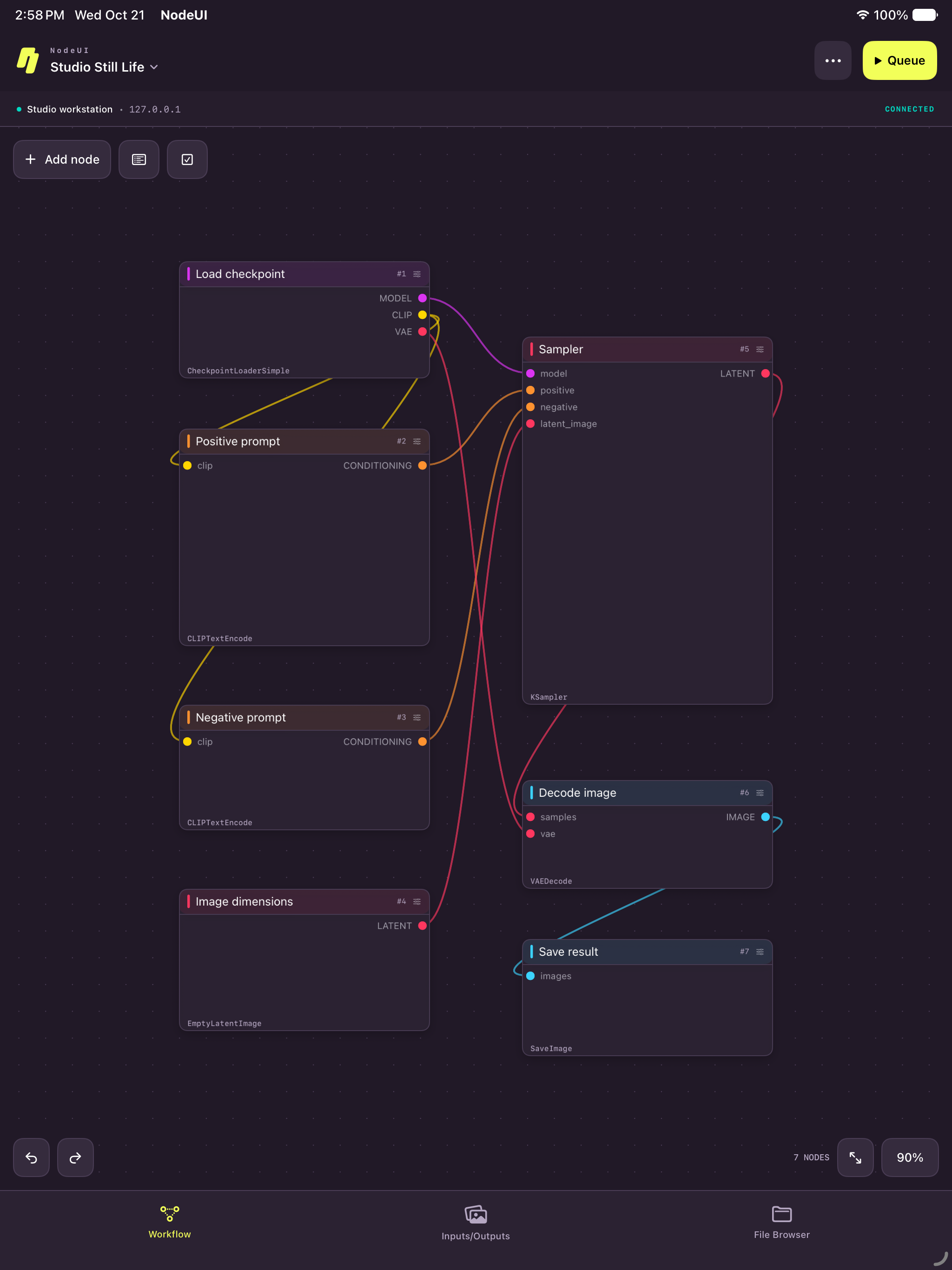 NodeUI on iPad showing a connected image-generation workflow