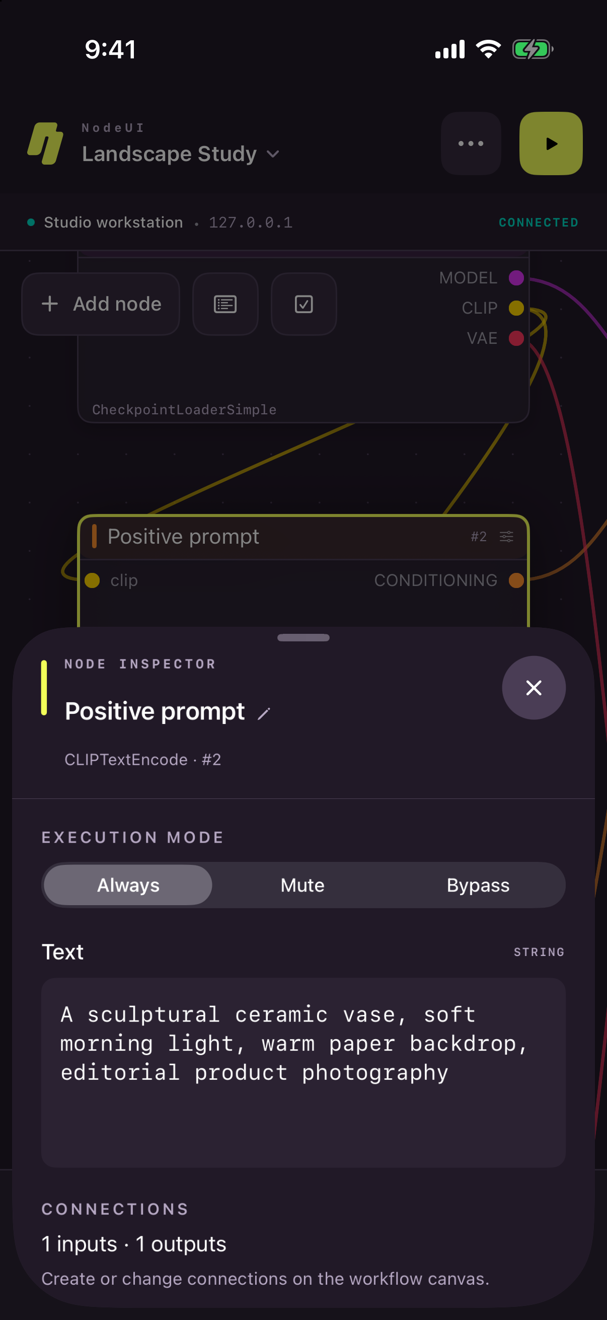 The NodeUI iPhone inspector editing a positive prompt in a sample workflow